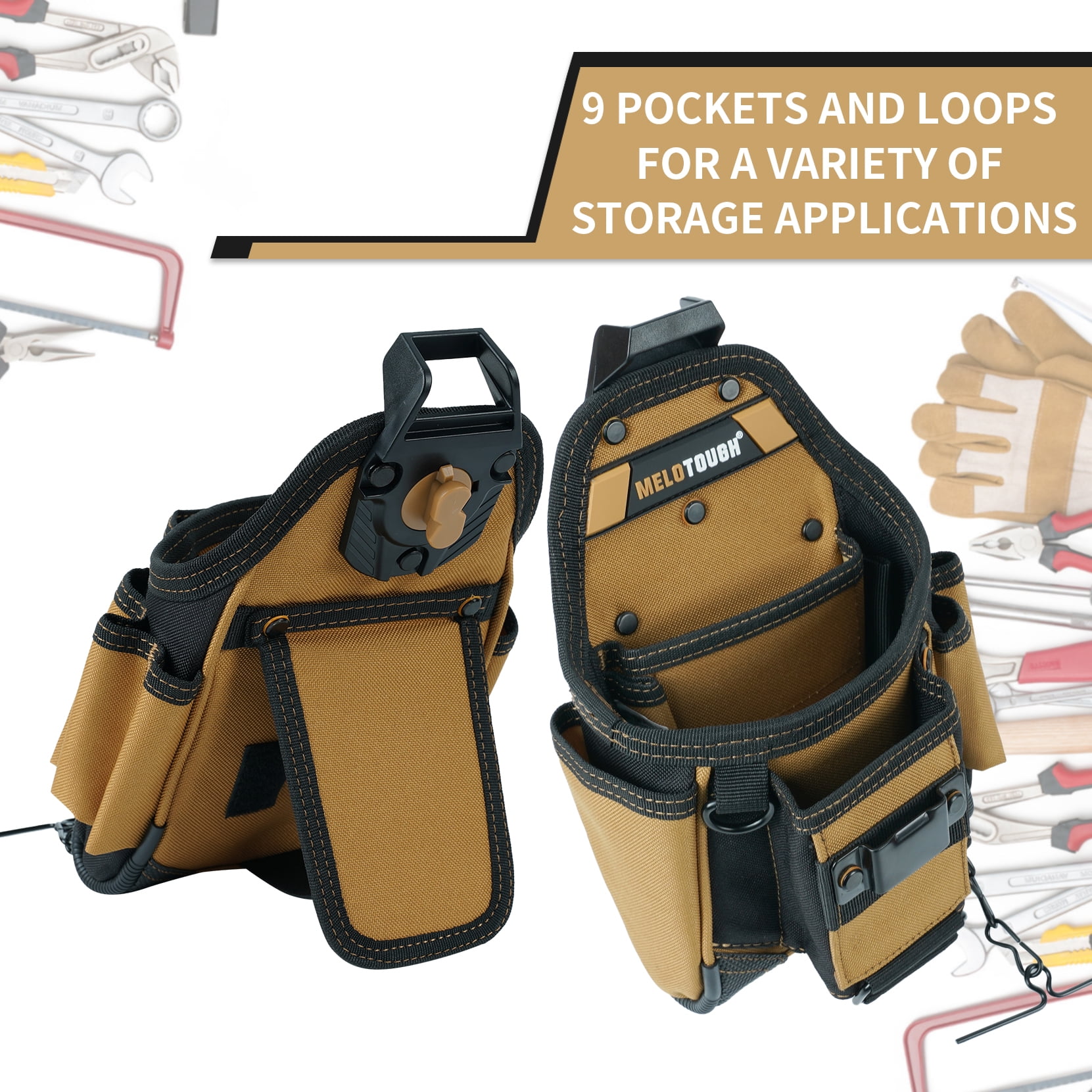 MELOTOUGH Small Electrician Tool Pouch With Belt Clip Attachment - 9 Pockets Tradesman Bag With Tape Thong - Holster for Electricians