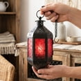 thumbnail image 4 of Hanging Moroccan Lamp Decorative Lantern with Chain for Indoor Home Decor, Outdoor Patio, Black Metal, Cobalt Red Glass, 4 of 12