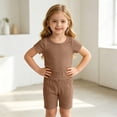 thumbnail image 4 of THDHVS Girls Fall Outfits,Toddler Unisex Solid Ribbed Cotton Short Sleeve Top Shorts Loungewear 2 Piece Set,Toddler Girl Outfits Coffee 3-5 Years, 4 of 8