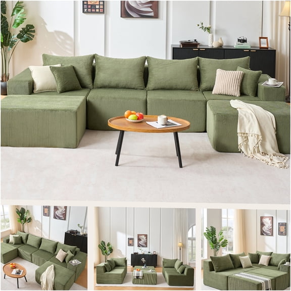 JERFIT 6-Piece Modular U-Shaped Sofa with Chaise, Green Corduroy Fabric, Zero Assembly Convertible Sectional Couch for Living Room