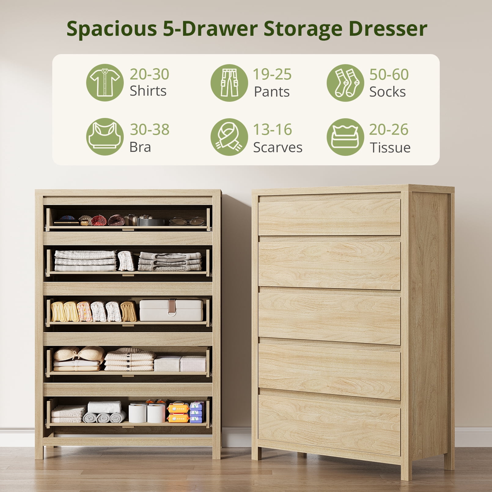 5 Drawer Dresser for Bedroom, 48" Tall Wooden Closet Dresser with Smooth Drawer, Large Tall Dressers & Chests of Drawers for Bedroom Living Room, oak