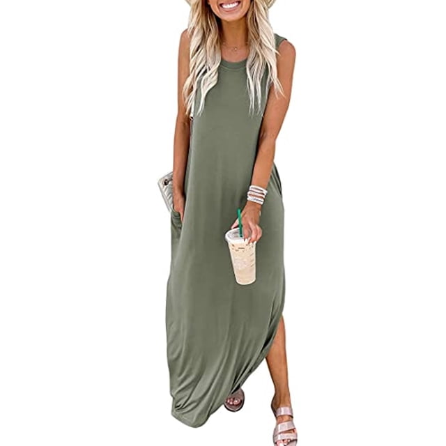 Lucakuins Vestido largo para mujer, sin mangas, cuello redondo, sólido, suelto, con abertura, vestido de verano para uso diario informal Lucakuins moda