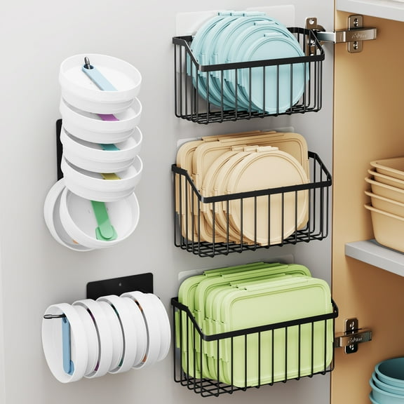 NiHome 3PCS Cabinet Door Lid Organizers & 2PCS Lid Holders, Adhesive or Screw Mount, 3 Sizes Rustproof Metal Baskets for Tupperware Lids, Tumblers, Spices, Toiletries, Under Sink or RV Storage(Black)