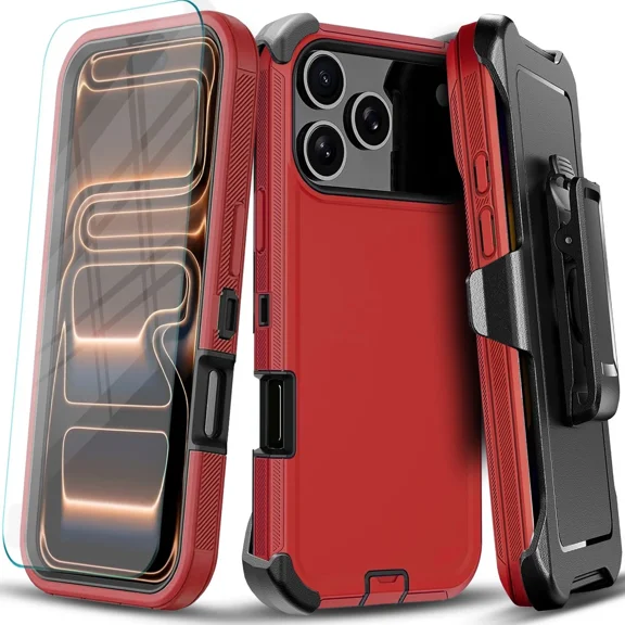 Starshop iPhone 18 Pro Max Phone Case Cover With Tempered Glass Screen Protector and Holster Belt Clip Shockproof Rugged Heavy Duty - Red