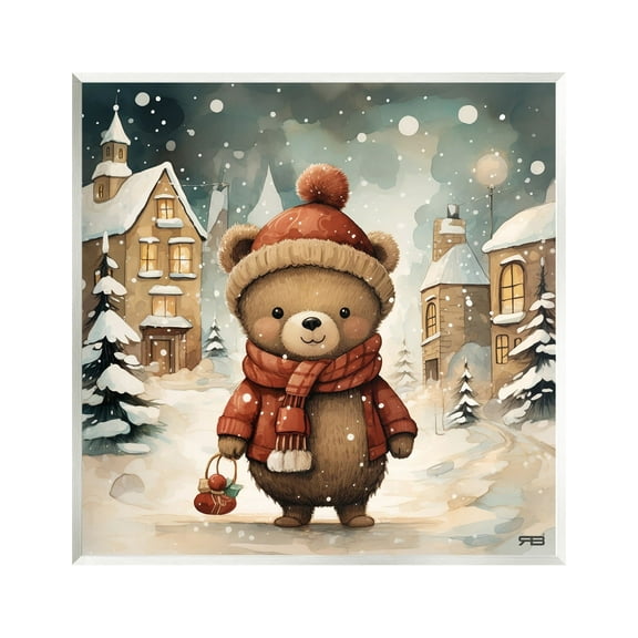 Stupell Industries Bear in Snowy Winter Village Animals & Insects Painting Unframed Art Print Wall Art, 12 x 12
