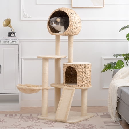 Fangsheng 59-Inch Cat Tree Multilevel Cat Tower with Double Condos, Perch Hammock for Kittens, Fully Wrapped Scratching Sisal Post and Dangling Balls, Beige