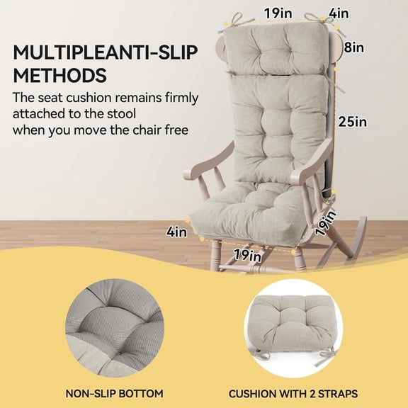 Rocking Chair Cushions for Indoor Rocker, Comfortable Polyester Brushed Tufted Non-Slip Rocking Chair Pads with Ties for Adirondack, Glider Chair rocker replacement cushions, Beige Cream, 52"x19"x4"