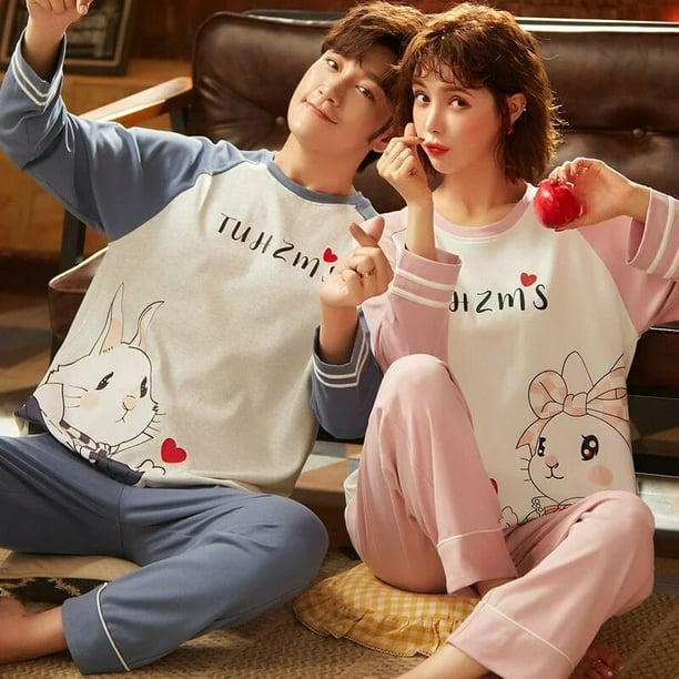 Conjunto de pijamas de dibujos animados para hombre y Mujer ropa de dormir de algodon para parejas Tops largos para dormir pantalones otono y primavera Walmart en linea