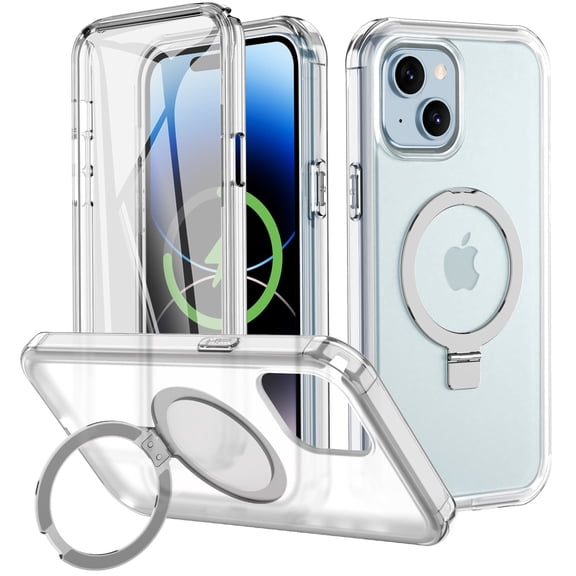 CASEFIV for iPhone 14 Case, iPhone 13 Case with Magnetic Invisible Stand [Compatible with MagSafe] Built-in Screen Protector Military Drop Protection Shockproof Slim Translucent Case Cover, Clear