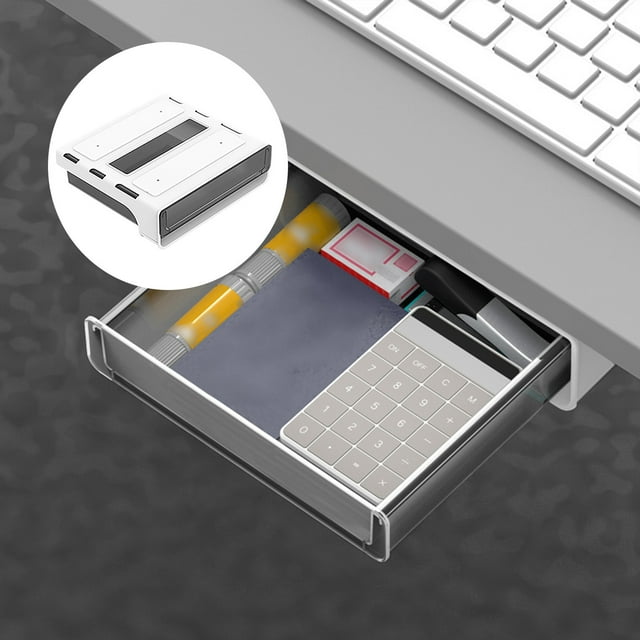Hidden Plastic Storage Box Under Desk Drawer, Table Hidden Organizer Slide Out Large Storage Desktop Pencil Tray For Office Home School Kitchen Self-Adhesi