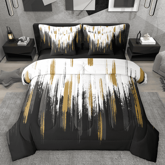 Manfei Abstract Oil Painting Twin Bedding Sets 7pcs, Black Gold Ombre Bedding Comforter Set, Watercolor Brush Strokes Sheet Sets, Luxury Bedroom Decor