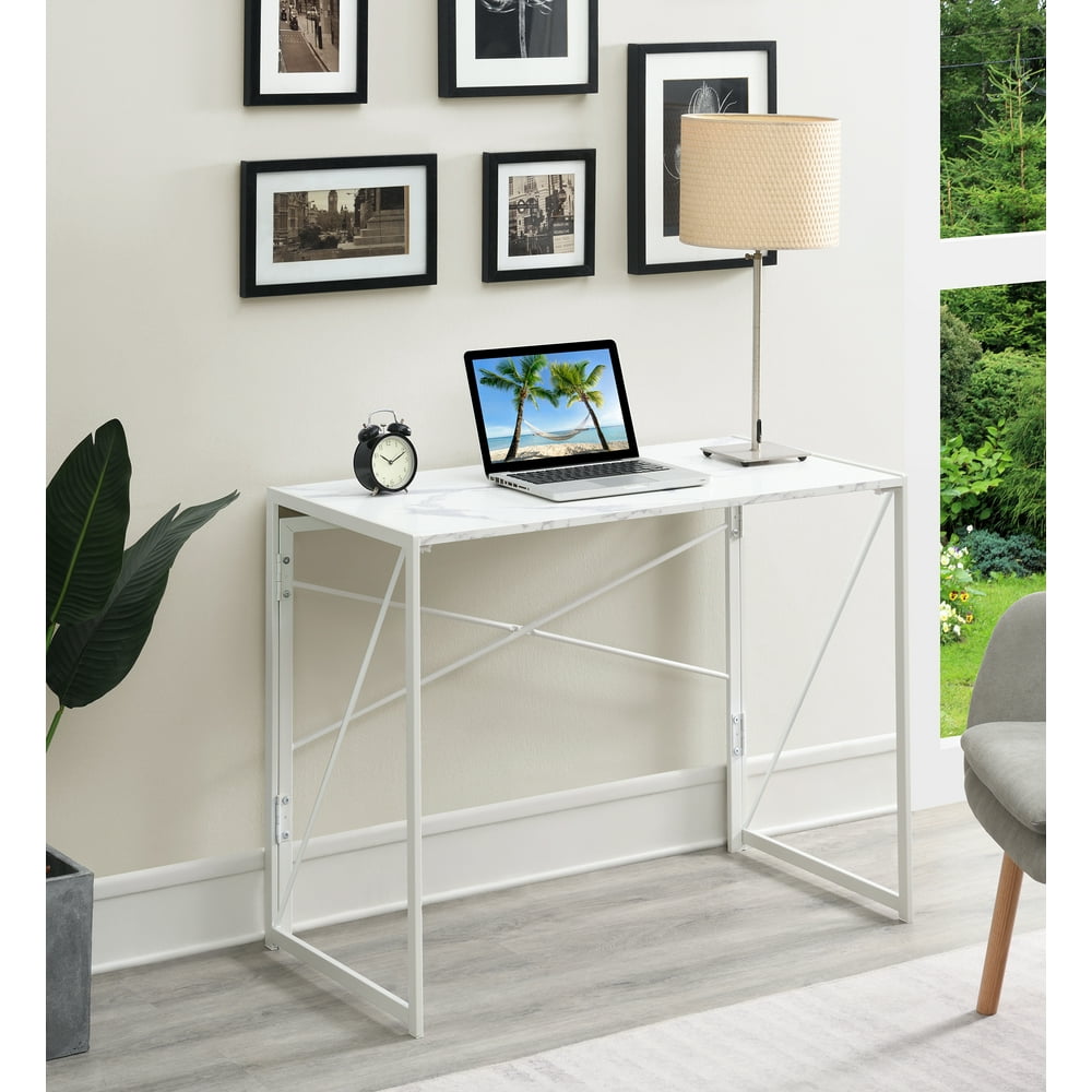 Convenience Concepts Extra Folding Desk, White Faux Marble/White