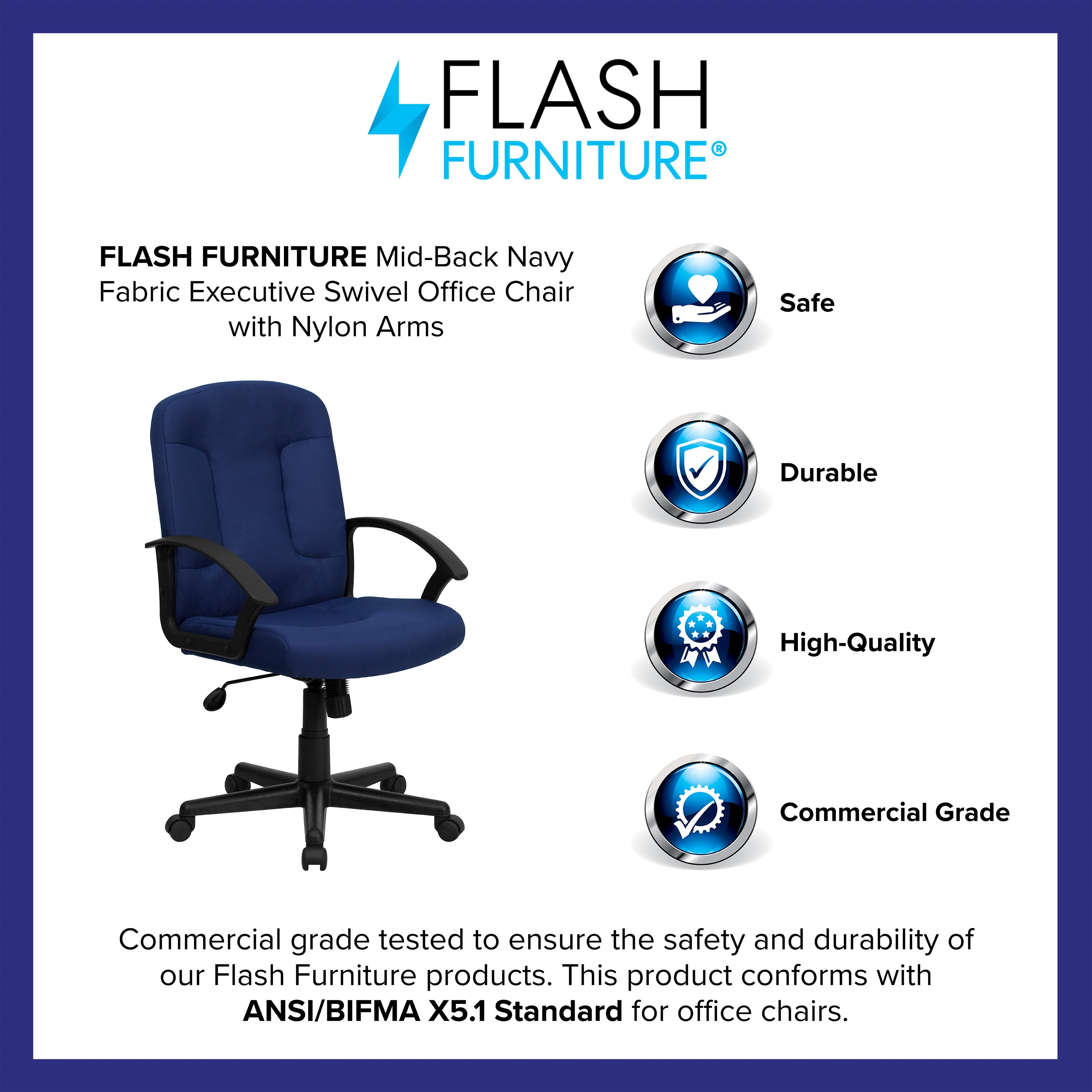Emma + Oliver Mid-Back Navy Fabric Executive Swivel Office Chair with Nylon Arms