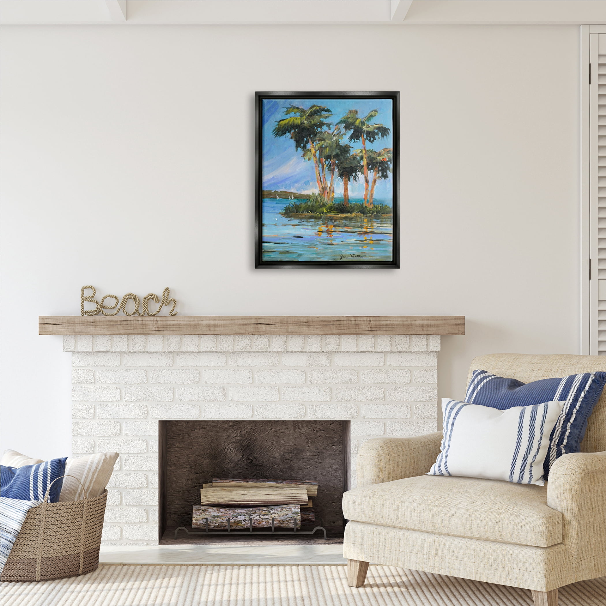 Stupell Industries Palm Island Painting Nature Painting Black Floater Framed Art Print Wall Art, 25 x 31