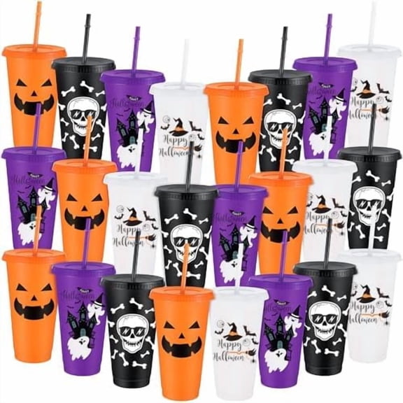 24 Pcs Halloween Plastic Cups with Lids and Straws 4 Styles Pumpkin Ghost Skull Bat Tumblers Reusable Halloween Party Cups for Kids Adults Birthday Party Favors Supplies