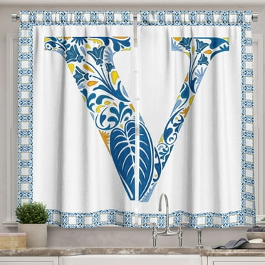 Ambesonne Letter V Kitchen Curtains, Capital Font Framework, 55"x39", Blue Yellow Orange