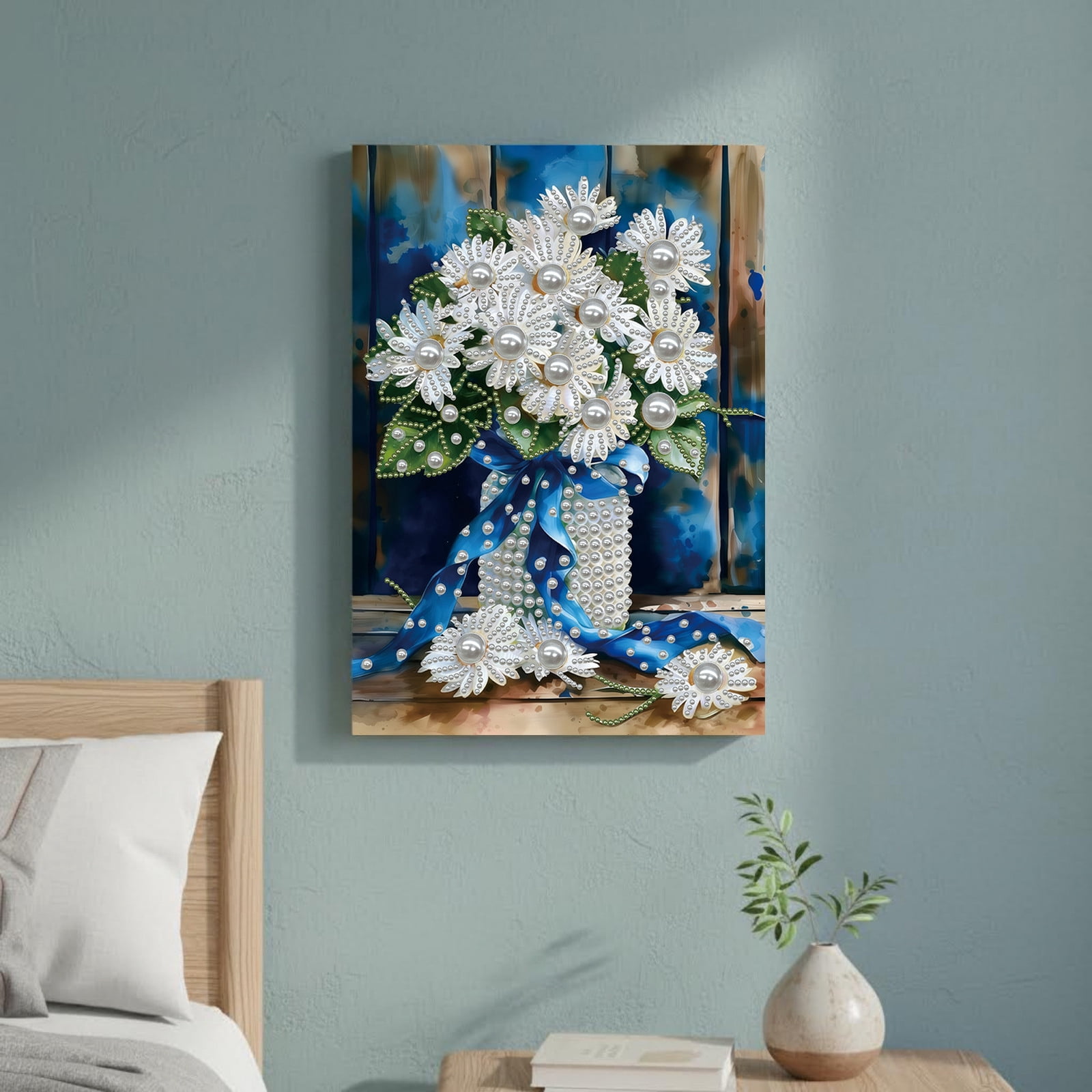 FLOPESN DIY Gemstone Pearl Diamond Art Painting Kit with Frame, 11.81x15.75in Colored Canvas, Home Decor Display for Tabletop and Wall -Bouquet