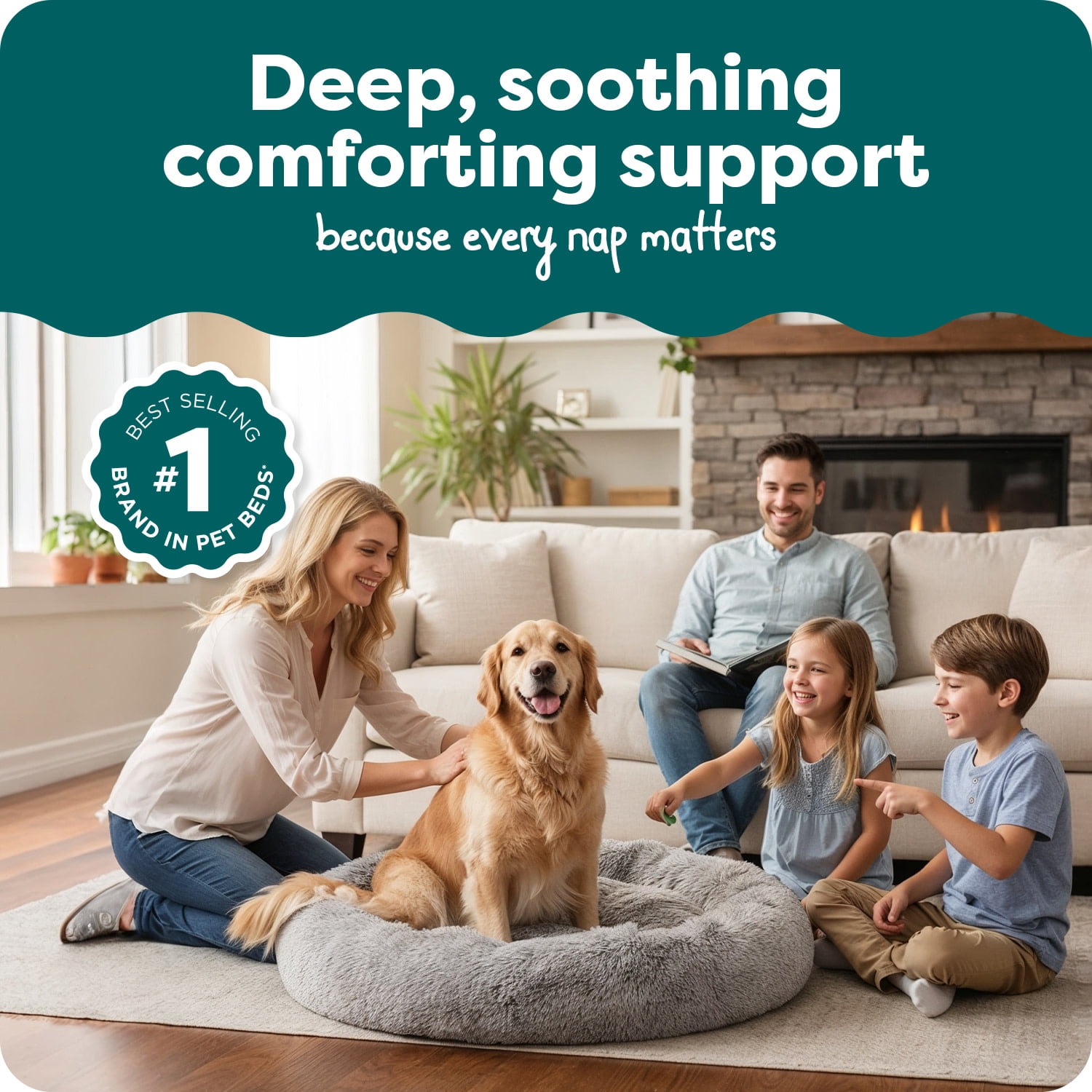 FurHaven 45" Calming Donut Dog Bed for Large Dogs, Round Plush Donut with Soft Filling for Snuggling Comfort, Removable Washable Cover, Jumbo XL, Shaggy Faux Fur, Mist Gray