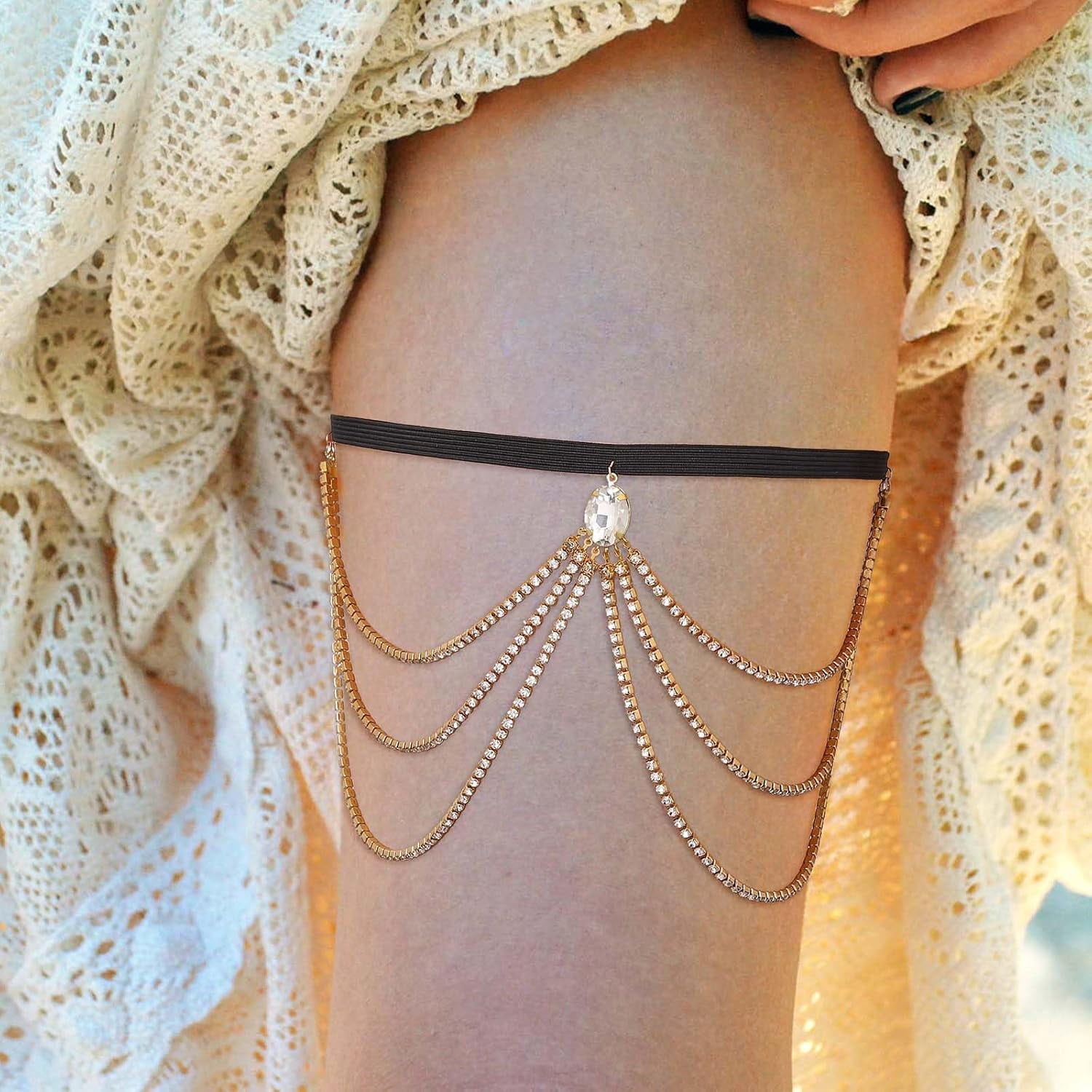 Layered Rhinestone Leg Chain Gold Crystal Elastic Anklet Women Jewelry Accessories For Bikini[o7047]