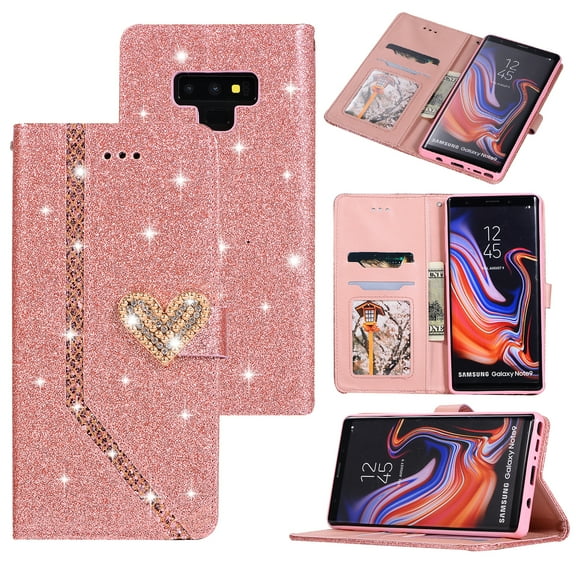 Galaxy Note 9 Case Glitter, Allytech Premium PU Leather Heart Magnetic Diamond Embossed Full Body Protective Shockproof Bumper Silicone Back Cover Case for Samsung Galaxy Note 9, Rosegold