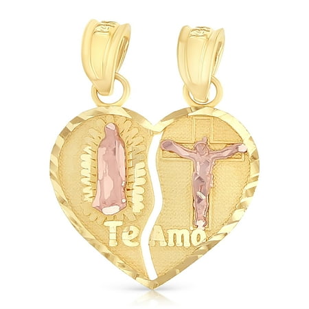 - 14K Two Tone Gold Religious Our Lady of Guadalupe Jesus Broken Heart Te Amo Charm Pendant For Necklace or Chain