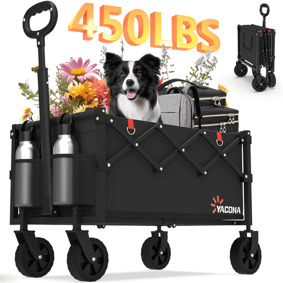 Yacona Wagons Carts Foldable, 450 lb Capacity Folding Wagon Cart with Wheels for Camping, Garden, Shopping, Black