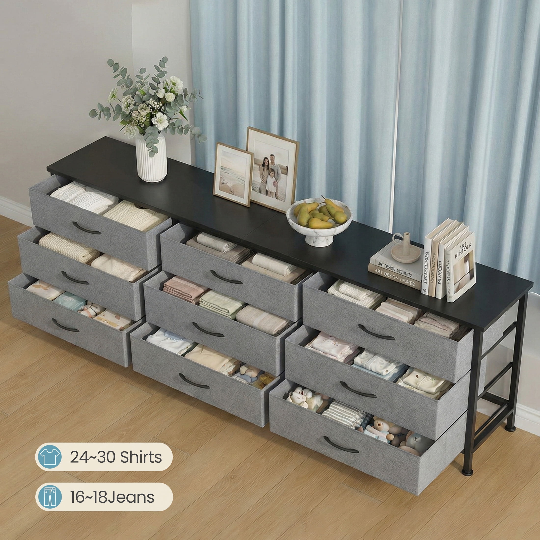 CONCETTA 9 Drawer Storage TV Dresser, Metal Frames Resist Deformation, Adjustable Feet Prevent Tipping, Accommodates TV Up to 75 inch, Suitable for Living Room,Gray