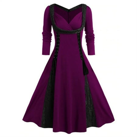 

LBECLEY Long Sleeve Dress for Women Summer Women s Dresses Plain Party Solid Color Dress Christmas Pajamas for Women Dress Purple L
