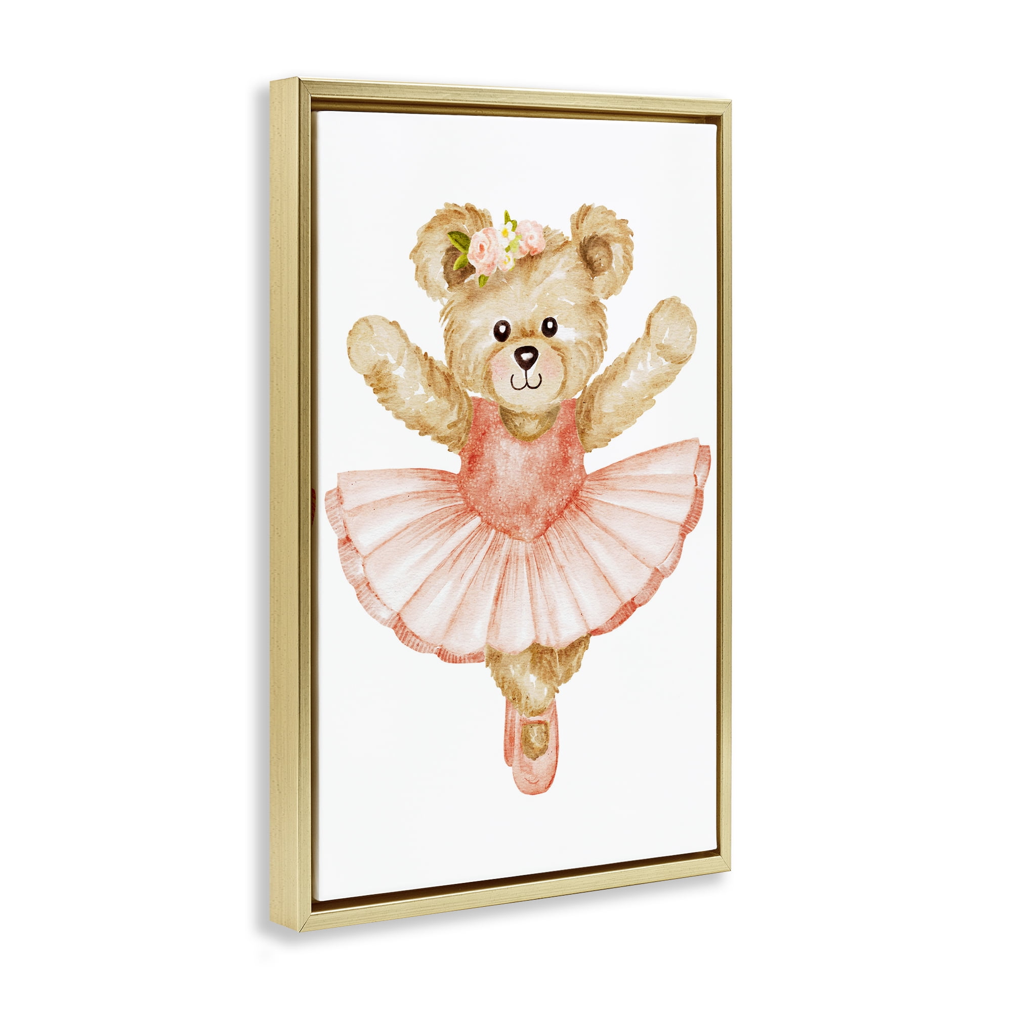 Teddy Bear Ballet Tutu Gold Framed Floater Canvas Wall Art, design by Amy Hall