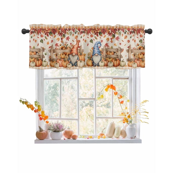 Fall Valances for Windows, Pumpkin Gnome Thanksgiving Fallen Leaves Wooden Fence Rod Pocket Short Window Valance Curtains Holiday Window Treatment for Kitchen Living Room Bathroom, 54"x18"