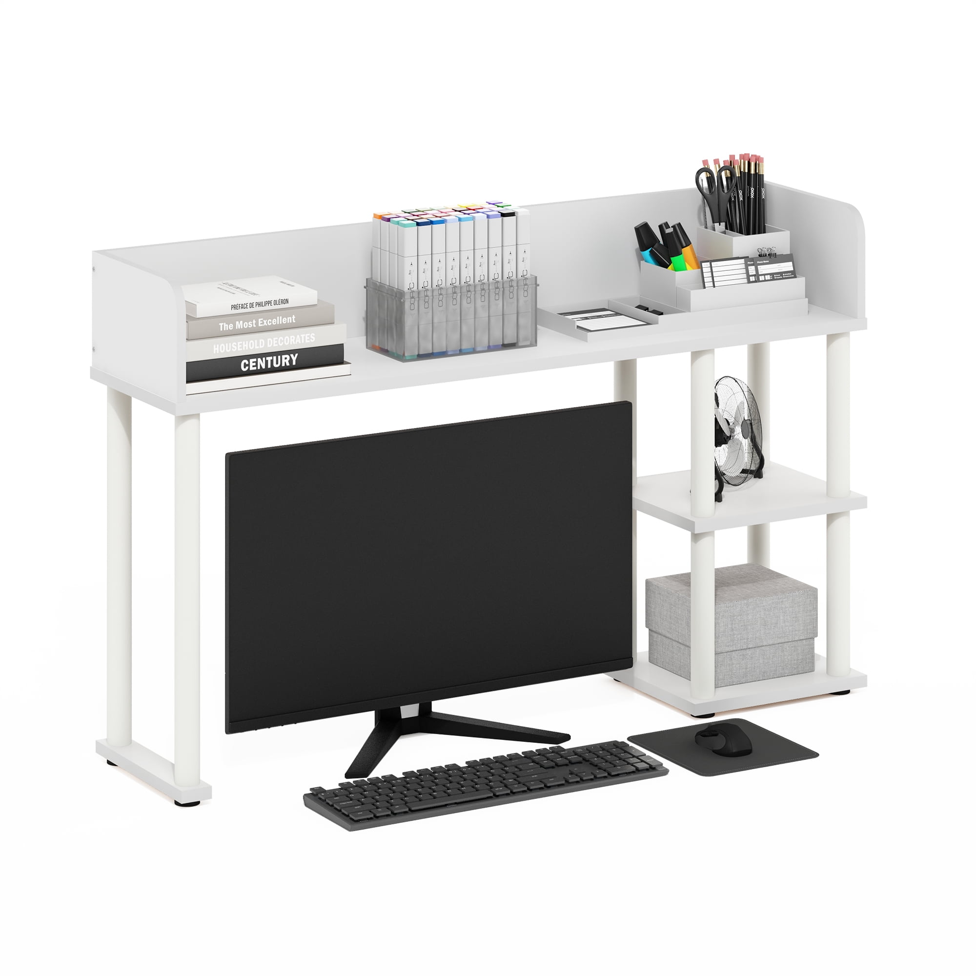 Furinno Classic Desktop Bookshelf Storage Hutch in Desk Organizer White/White
