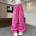 thumbnail image 2 of CPNG Girls Casual Cargo Jeans Teen Girls Wide Leg Straight Solid Color Pants Daily Elastic High Waisted Denim Trousers(Hot Pink,15-16 Years), 2 of 7