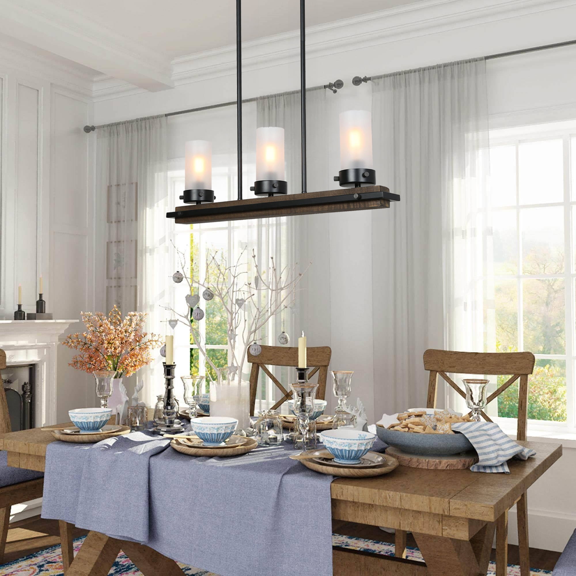 LNC Farmhouse Wood & Black 3-Light Linear Chandelier with Frosted Glass, Adjustable