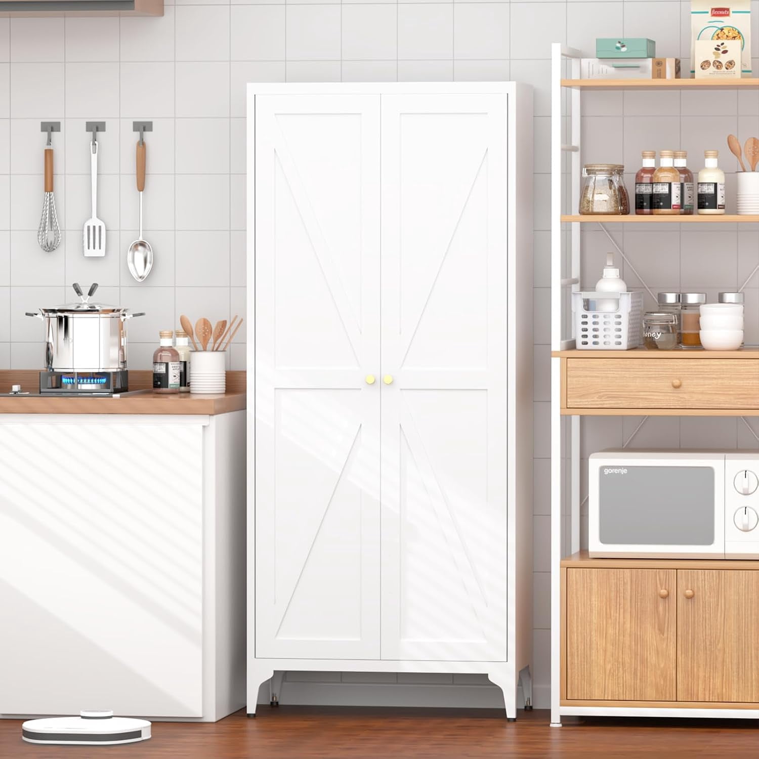 Howcool 65" 2-Door Steel Storage Cabinet with Adjustable Shelves for Kitchen Living Room Office, White