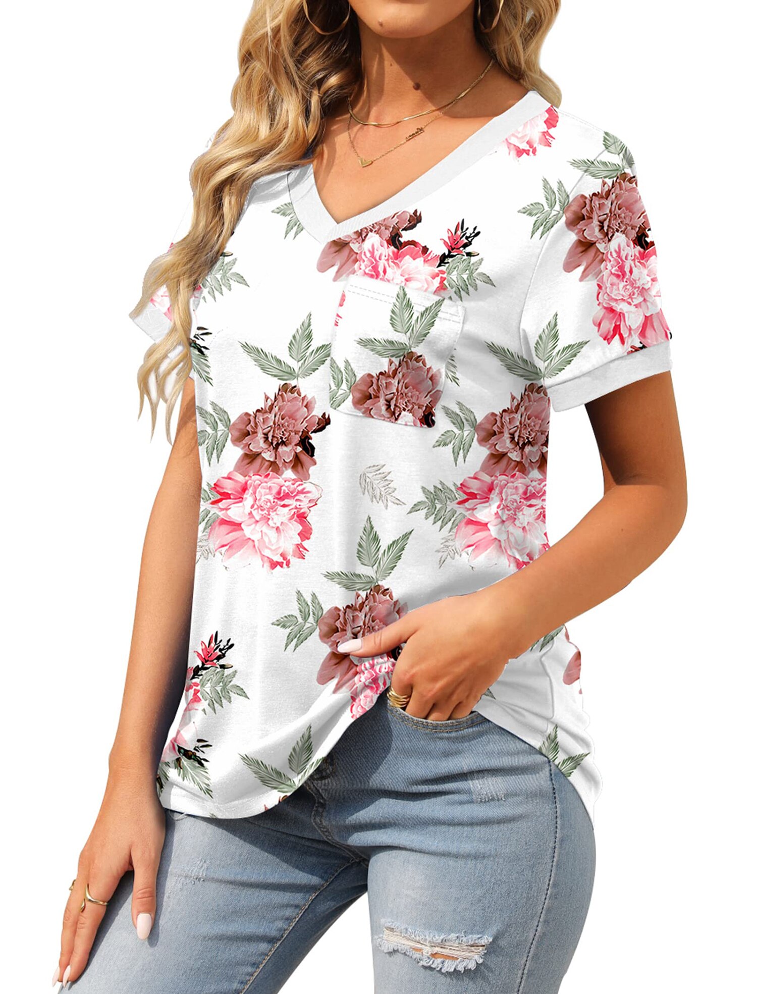 MOSHU V-Neck Women T Shirts Short Sleeve Loose Summer Tops for Women ...