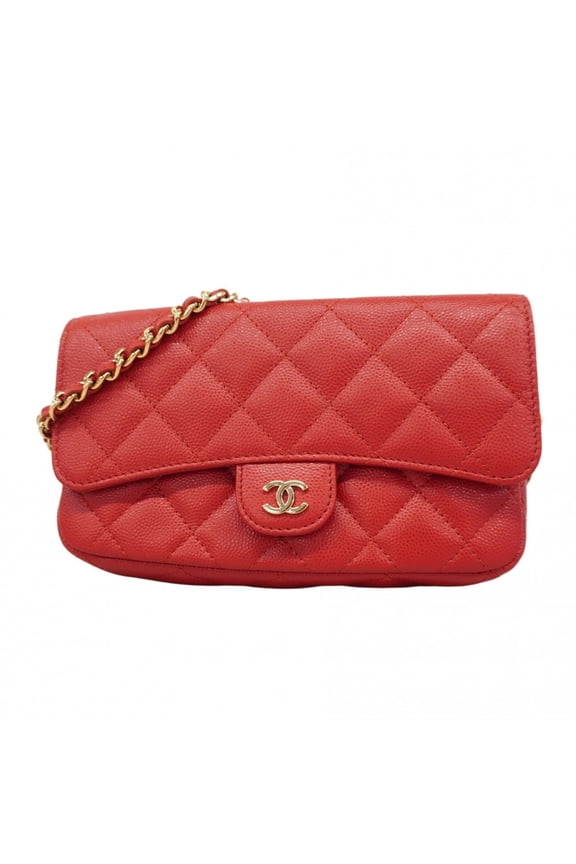 Pre-Owned Chanel Matelasse Shoulder Bag with Chain, Caviar Skin, Red Champagne, Women's