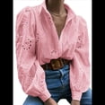 thumbnail image 3 of Blusa de Mujer con Mangas Largas Abullonadas, Cuello en V, Botones, Encaje Calado y Bordado Rosa M, 3 of 9