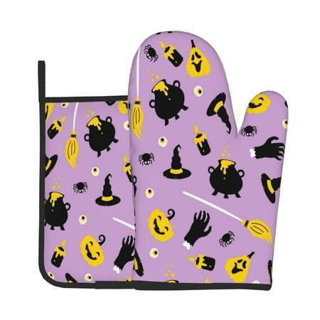 

Xecao Cute Halloween Pattern Oven Mitts and Pot Holders Sets Heat Resistant Silicone Oven Mittens Extra Thicken Long Kitchen Cotton Oven Glove for Cooking