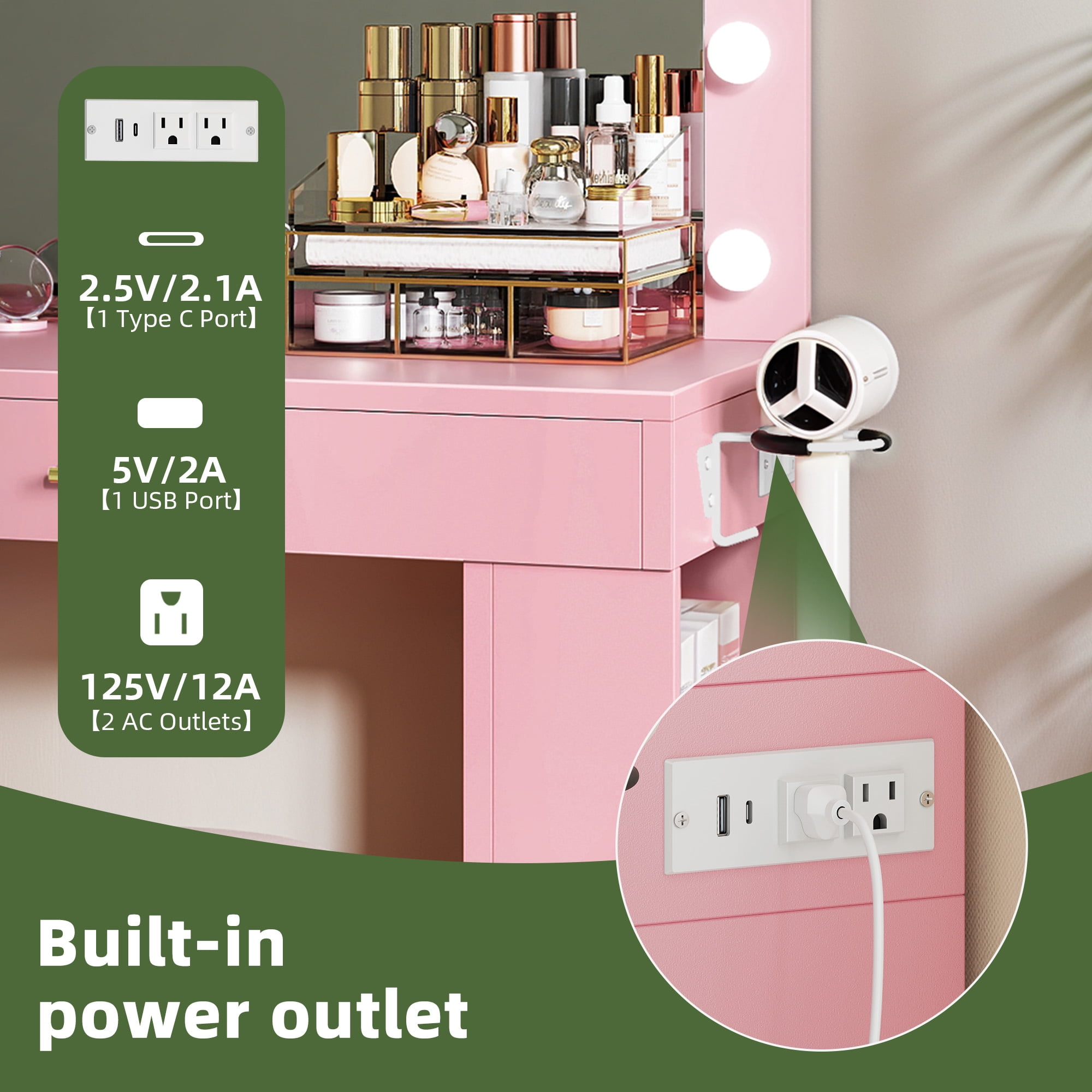 Uforic Makeup Vanity with 3 Color Lights & 3 Storage Shelves, Modern Vanity Makeup Desk, Pink