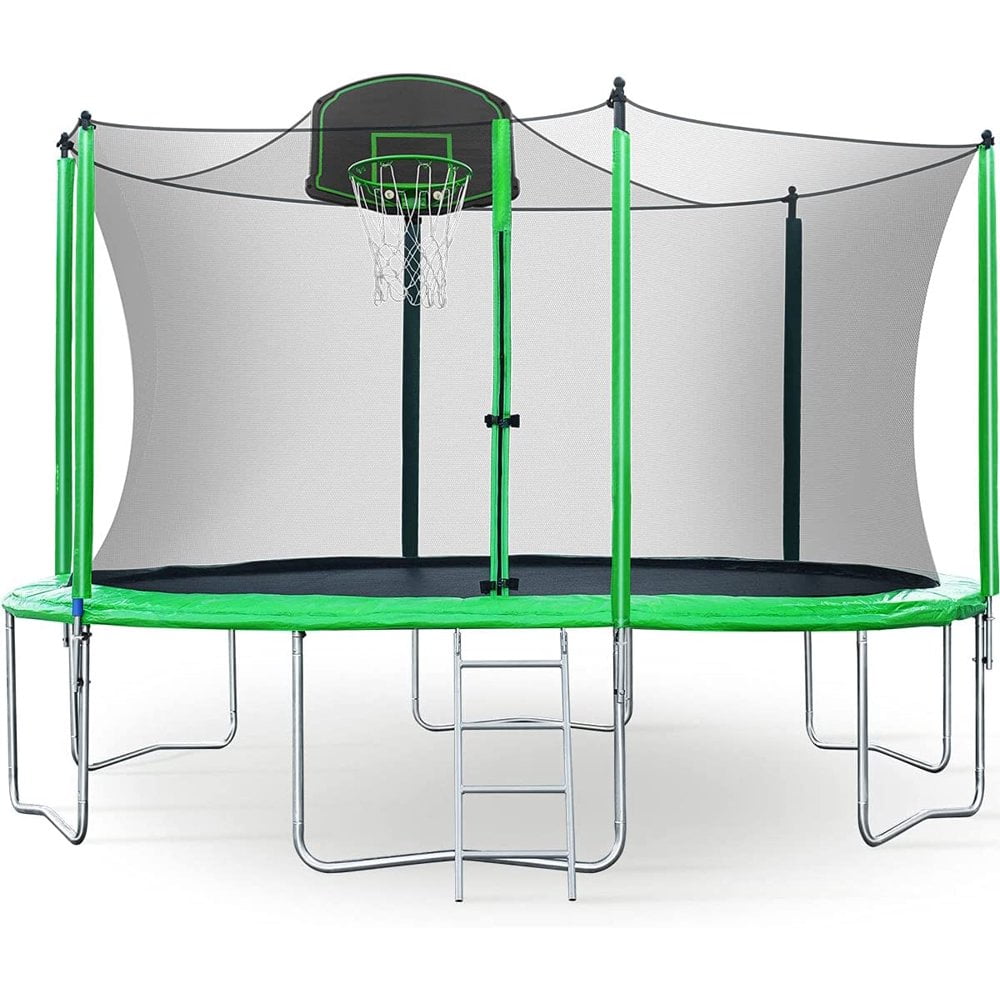 Basketball Hoop 1000LBS 12 14 15 FT for Adults/Kids with Safety Enclosure Net Waterproof Jump Mat and Ladder Round Outdoor Recreational for Family Happy Time 