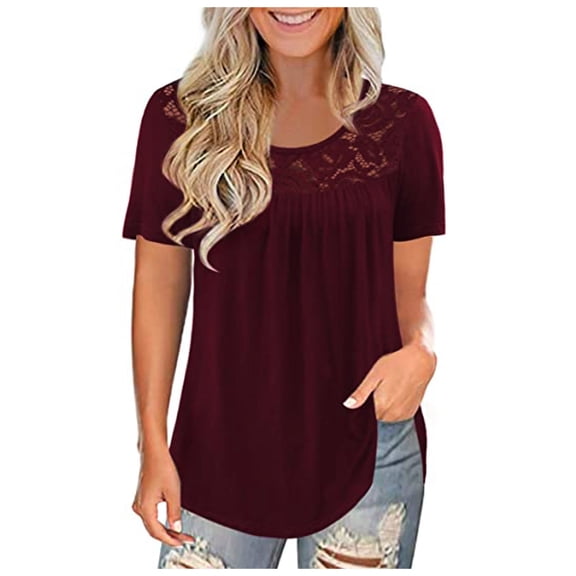 WHLBF Womens Plus Size Tops Clearance Lace Solid Splicing Short Sleeve T-Shirt Blouse