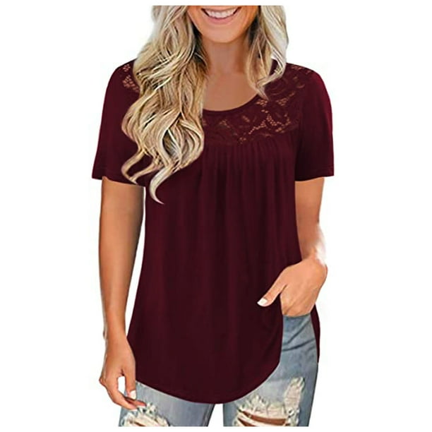 Puntoco Mujeres Moda Encaje Empalme Sólido O-cuello Camiseta de manga corta Blusa tops Puntoco Puntoco-8972