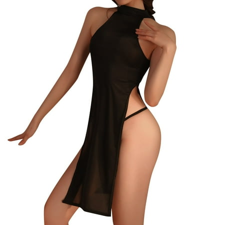 Weyolog Women s Underwear and Bras  Women s Cute Underwear Transparent Lace Neck Long Dress Undress Pajamas Cheongsam Suit  Womens Underwear Black One Size