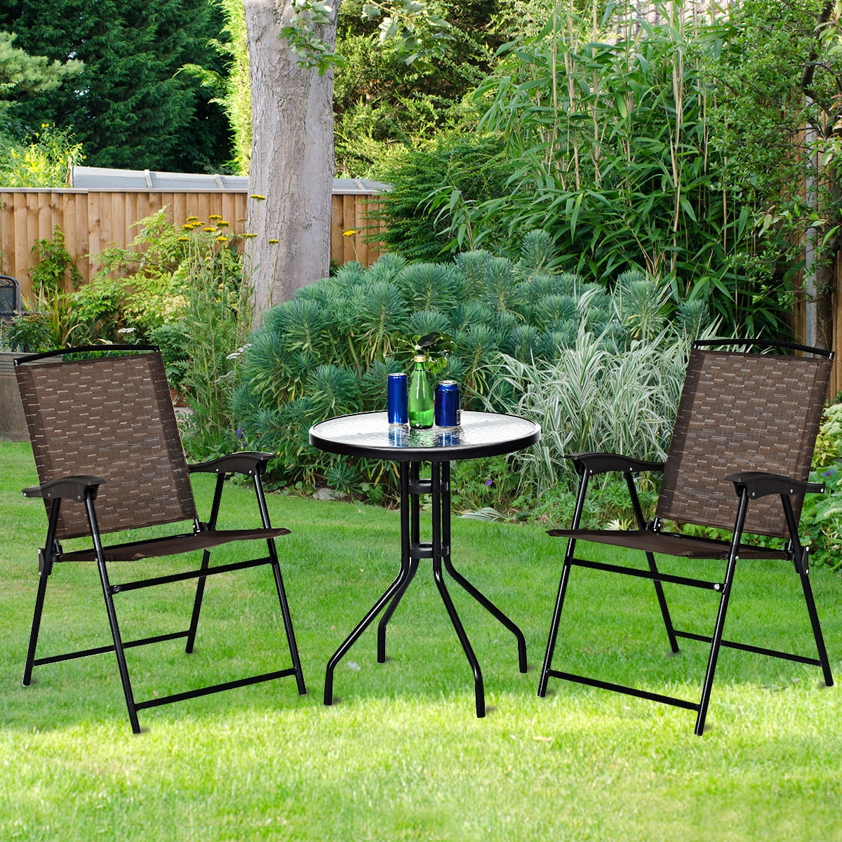 3 PCS Furniture Set Patio Garden Courtyard Table Folding Chairs Glass ...