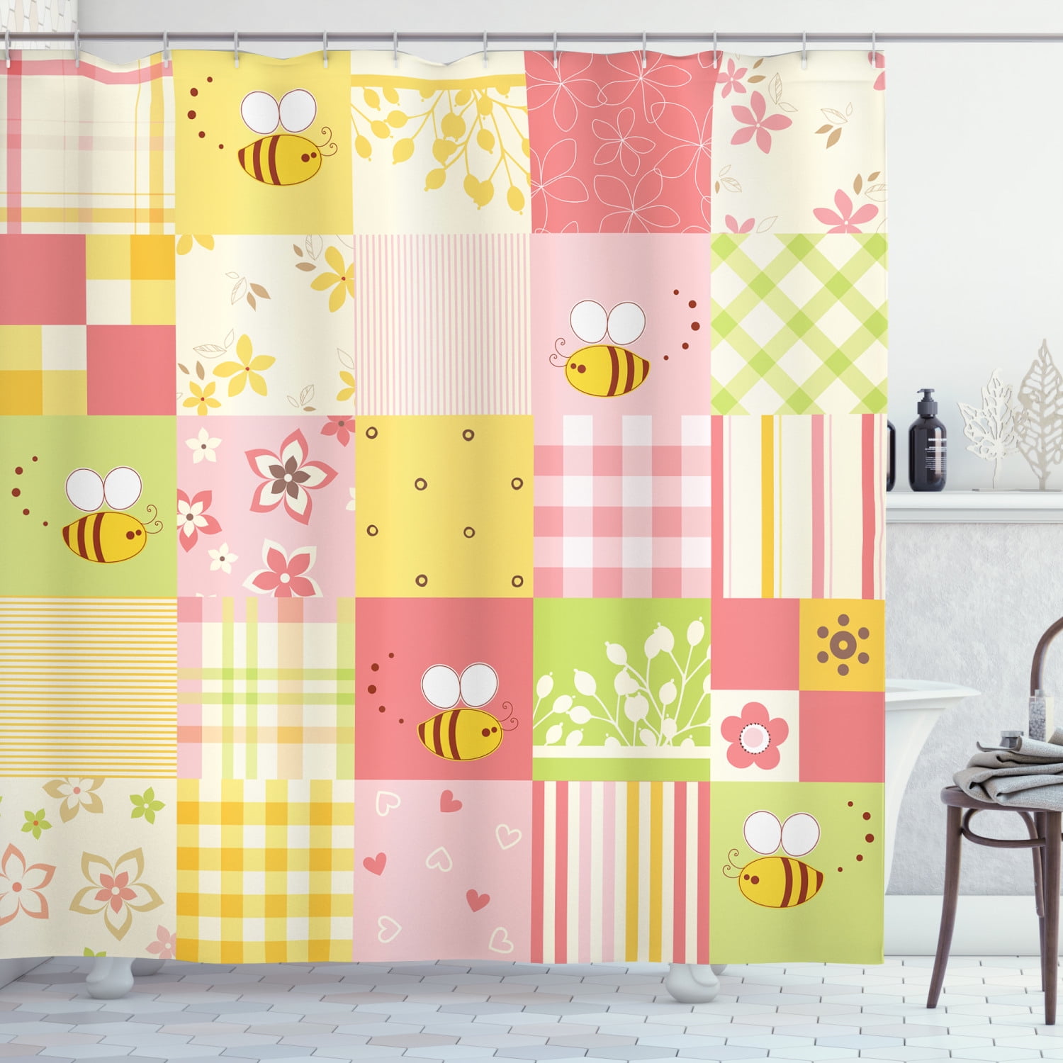 Bee Shower Curtain, Floral and Geometric Designed Tiles of Patchwork