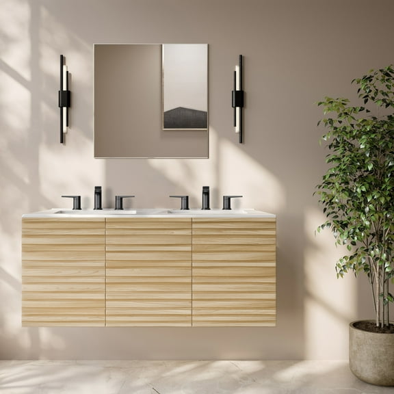 Cascade 48" Wall-Mounted Bathroom Vanity in Natural Oak with 3-Hole Widespread Double Basin Sink Top