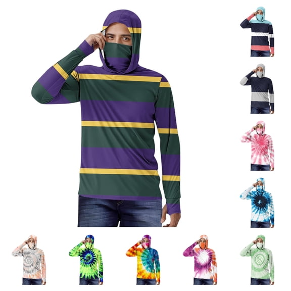 Afuyipoi Men Long Sleeve Hooded Athletic Jackets,Striped Printed Integrated Face Mask Hood Cooling Pullover Sun Protection Purple XL