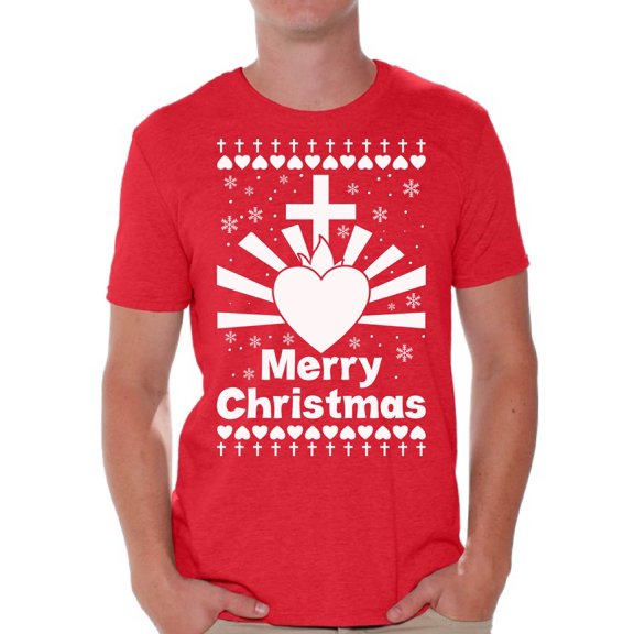 Merry Christmas Men Shirt Christian Shirt for Men Merry Xmas Men's T-Shirt Heart Love Jesus Christ Tee for Him Christmas Shirt for Men Christmas Tshirt Christian Cross Top Xmas Gifts Happy Holidays