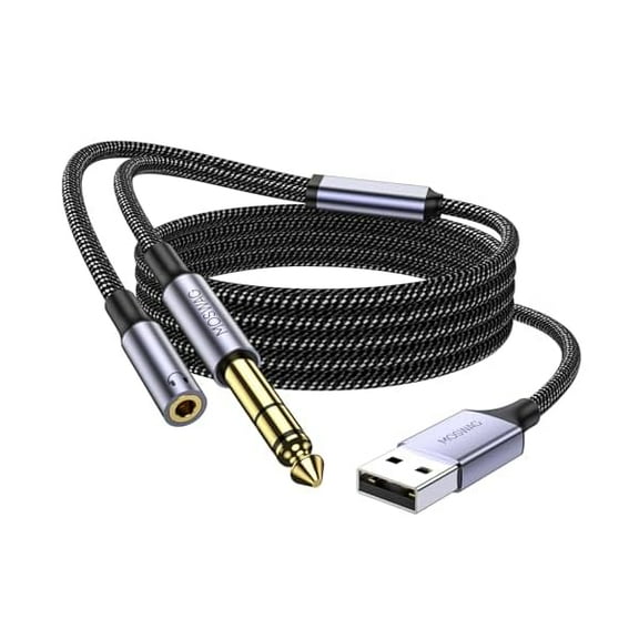 YJJSKEJI 6.35mm to USB Record and Listen TRS Cable for Guitar Electric Piano, 1/4 inch Male and 3.5mm Female to USB Cord Compatible with Recording and Listening Nylon Braided Cable 1M/3.3ft
