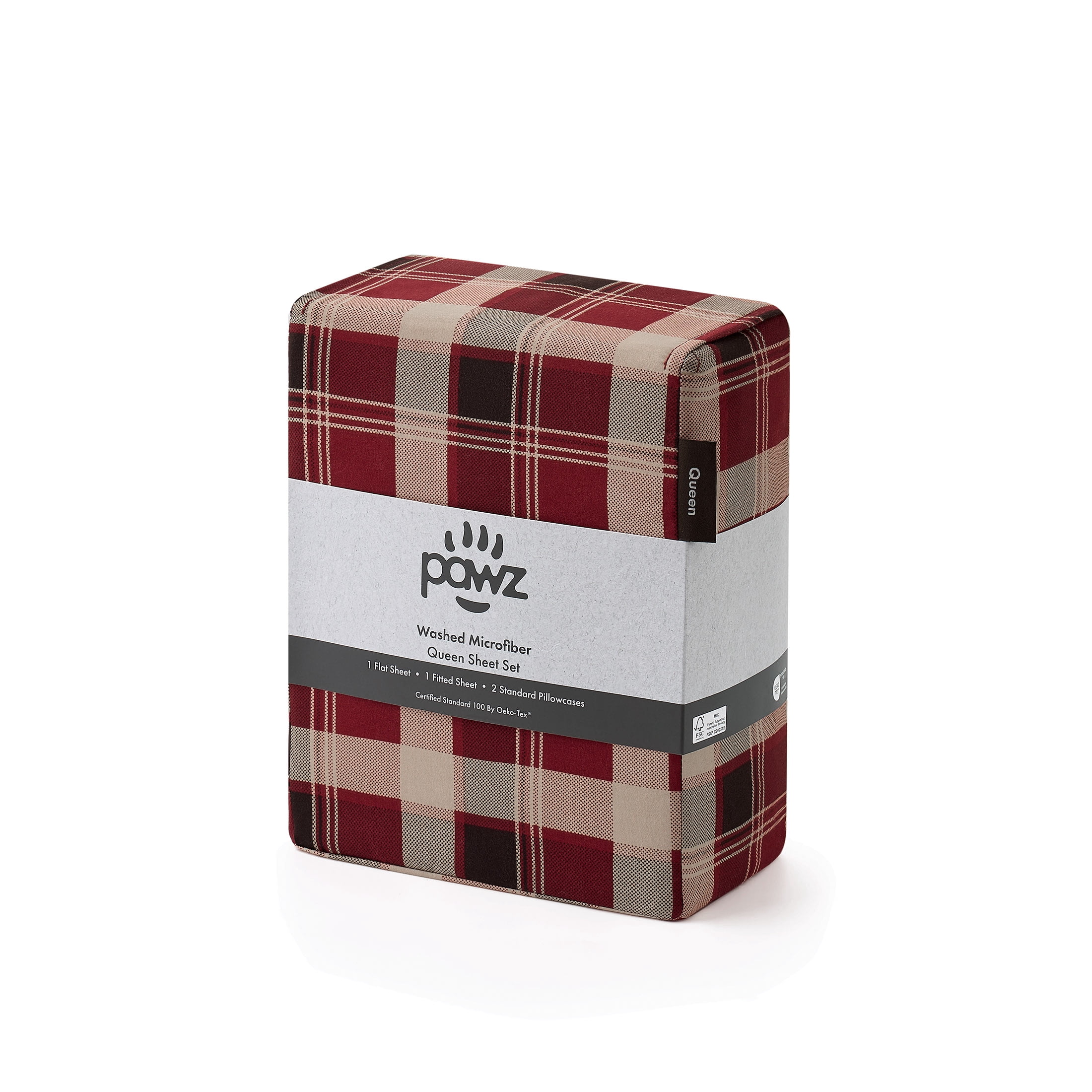 Pawz Full Sheet Set, Soft Microfiber Printed Bed Sheets with 2 Pillowcases, Red Plaid, Full Size